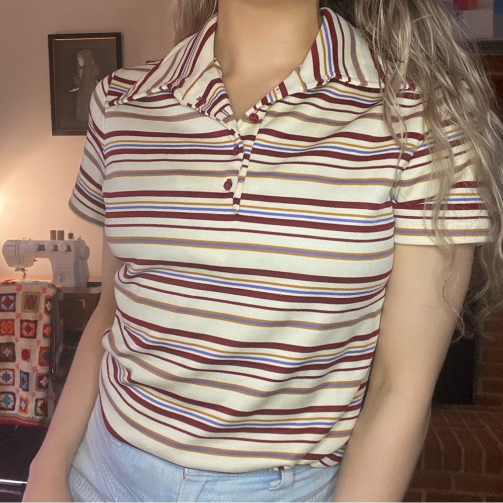 Vintage 1970s Aileen Striped Dagger Collar Stretch Polo Tee Cream Burgun…